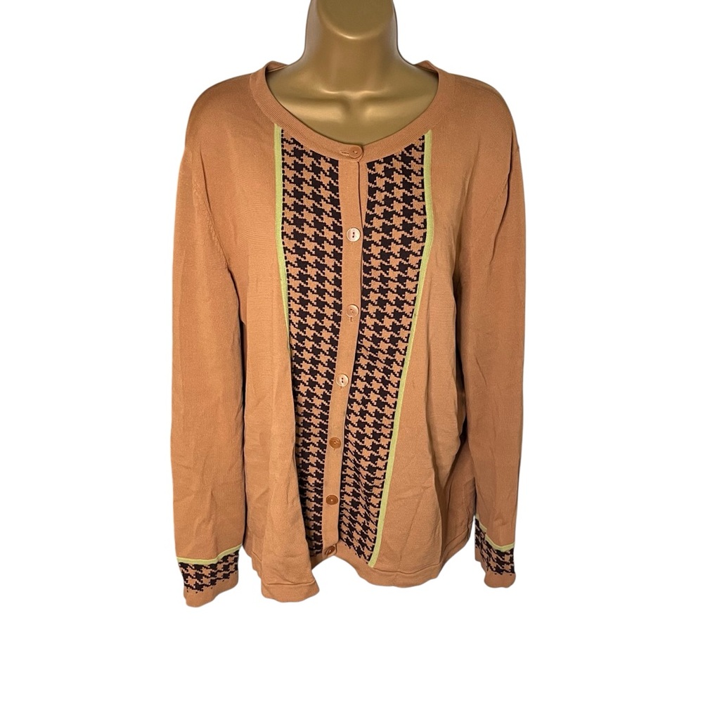 Vtg 80s 90s Bechamel Houndstooth Cardigan Button Front Retro Tan Brown Green XL